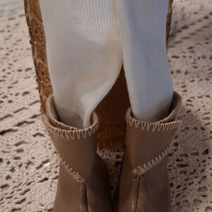 Small Vintage Doll Tan/Brown Leatherette Booties Boots With Attached White Socks